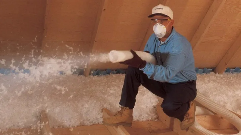 Installer blowing white fiberglass insulation across an attic floor between wood trusses